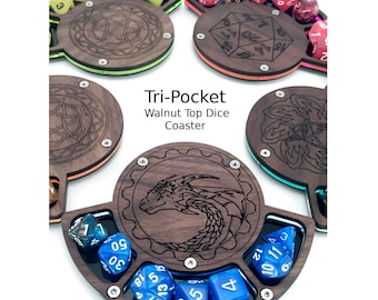 The Original Tri-Pocket Solid Walnut Top Dice Coasters in 4 styles and 5 Colors!