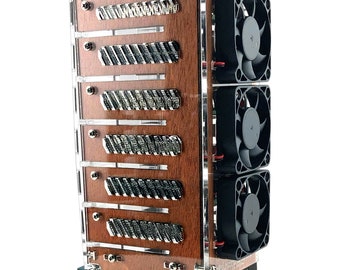 May include: A clear acrylic case with a wooden interior and multiple black fans. The case has a series of slots on the front, each with a silver metal plate.