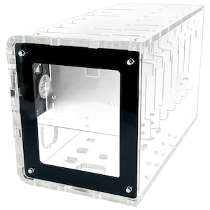 May include: A clear acrylic case with a black frame and a fan visible inside. The case has multiple slots for holding items.