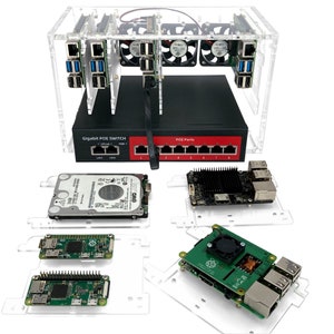 May include: A clear acrylic case with a black and red network switch, a hard drive, and four Raspberry Pi computers. The switch has the text "Gigabit PoE Switch" and "PoE Ports".