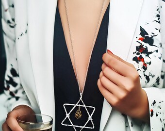 Hammered Big Silver Star of David with Gold Plated Hamsa, Mixed Metal jewelry, Stainless Steel Chain, Mluminum Jewelry, Jewish symbols,