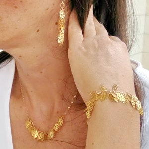 Necklace Bracelet and Earring Set, Leaf Jewelry Set, Gold Leaves Jewelry, Dainty Jewelry, Wedding Sets Jewelry, Gold Plated Jewelry Set,