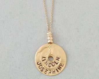 Mother Necklace with Names Children, Two Name Necklace, Gold Name Necklace Custom Name Necklace, Disc Necklace, Hand Stamped Necklace,