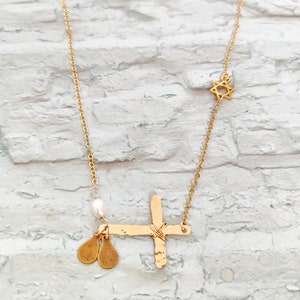 Star of David with Cross Necklace, 2 Initials Necklace, Gold Star of David Necklace, Messianic Jewelry, Cross with Magen David Necklace,