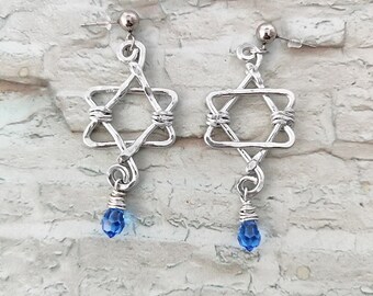 Statement Star of David Earrings, Sapphire Birthstone, Aluminum Jewelry, Magen David Earrings, Ball ear wire Stainless Steel, Bat Mitzvah,