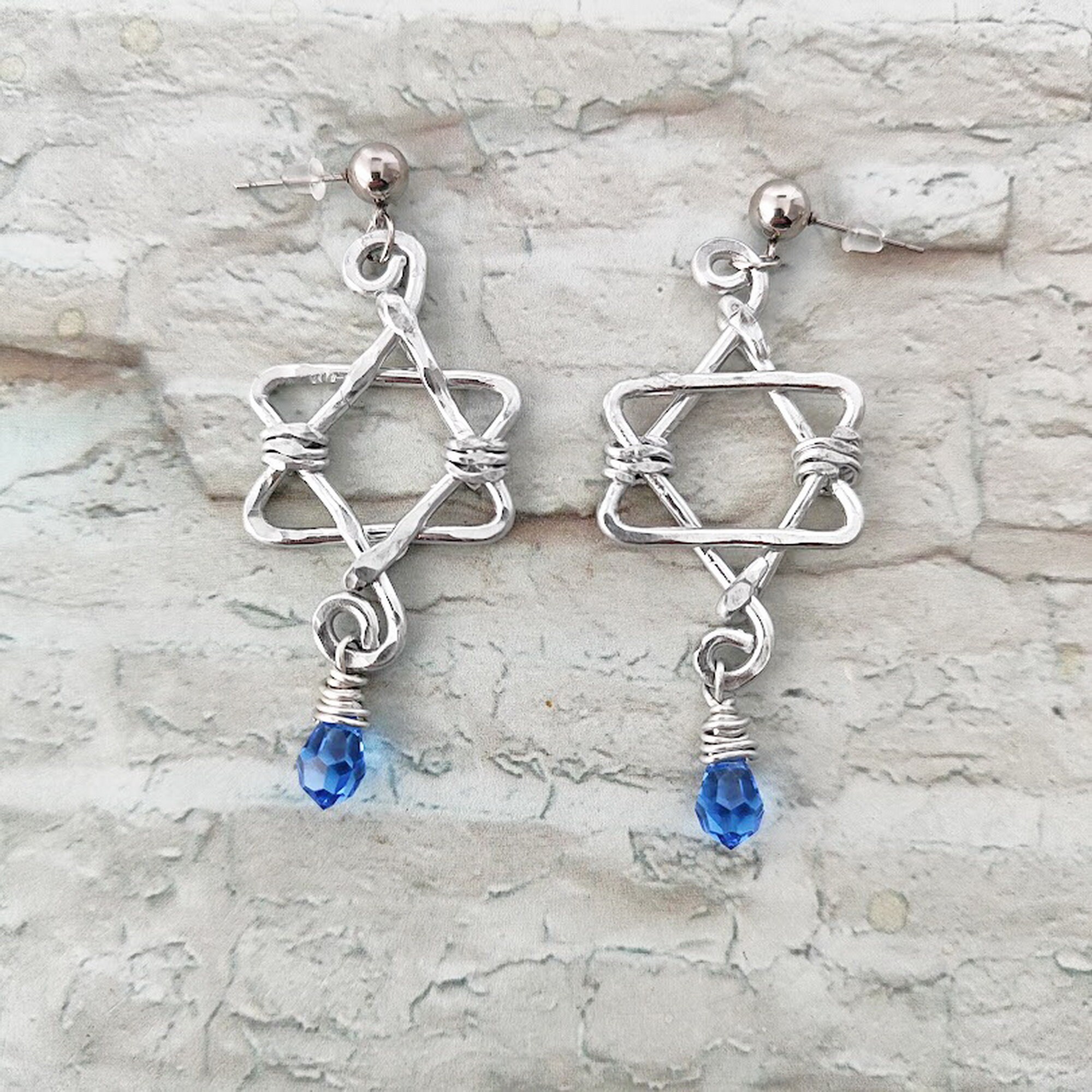 Statement Star of David Earrings, Sapphire Birthstone, Aluminum Jewelry, Magen David Earrings, Ball ear wire Stainless Steel, Bat Mitzvah,