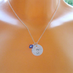 Personalized Letter Necklace with Birthstone, Disc Necklace with Birthstone, Family Necklace Birthstone, Hand Stamped Initial Necklace,