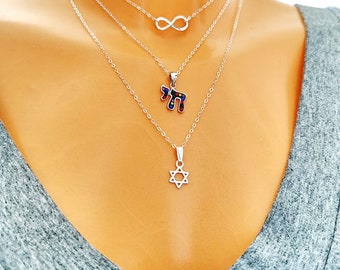 Sterling silver Layer Necklaces, Infinity Necklace, Colored Zircon Chai Necklace, Star of David Necklace, Unique Gift,