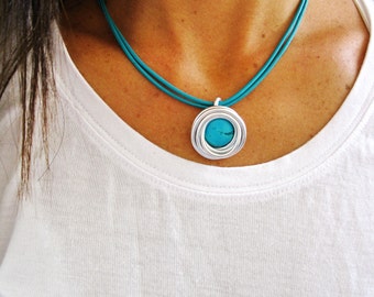 Turquoise Howlite Necklace, Wire Wrapped Necklace, Turquoise Leather Necklace, Aluminum Necklace, Unique Necklace for Women, Mother Gift,
