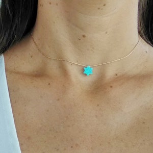 Opal Jewish Star Choker Necklace, Blue Opal Star of David Necklace, Judaica Jewelry, Bat Mitzvah Gift, Gold Filled Magen David Necklace,