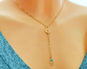 Jewish Jewelry Necklace, Star of David with Hamsa Pendant Necklace, Y Necklace, Gold Lariat Necklace, Bat Mitzvah Gift, Israeli Jewelry,