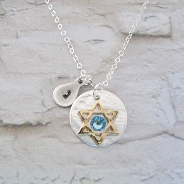 Star of David with Birthstone aquamarine & initial necklace, Silver Jewish Star Necklace, Judaic jewelry, Israeli Jewelry, Bat mitzvah gift