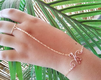 Gold Filled Hand Chain Bracelet with Adjustable Ring - Oriental Style,