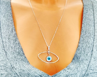 Big Evil Eye Pendant Necklace, Sterling Silver Necklace, Protection Necklace, Unique Necklace, Statement Necklace, Israeli Designer,