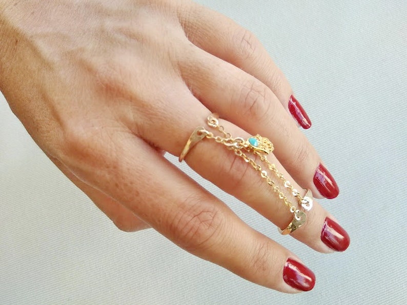 Gold Chain Ring Double Finger Ring Two Rings Stylish Rings Etsy Israel