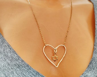 Heart Star of David Necklace, Big Heart & small Star of David Necklace, Gold Love Necklace, Jewish Jewelry, Bat Mitzvah gift, Daughter gift.