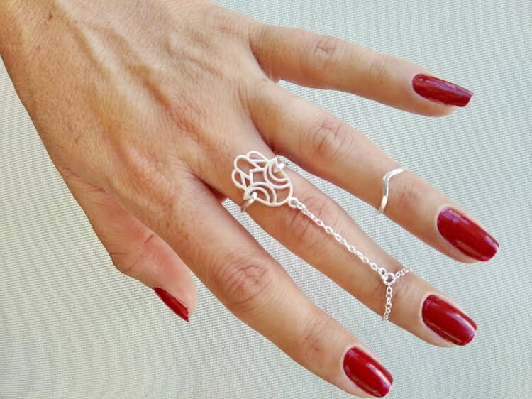 Chain Link Ring for Women Silver Hamsa Ring Double Chain Ring