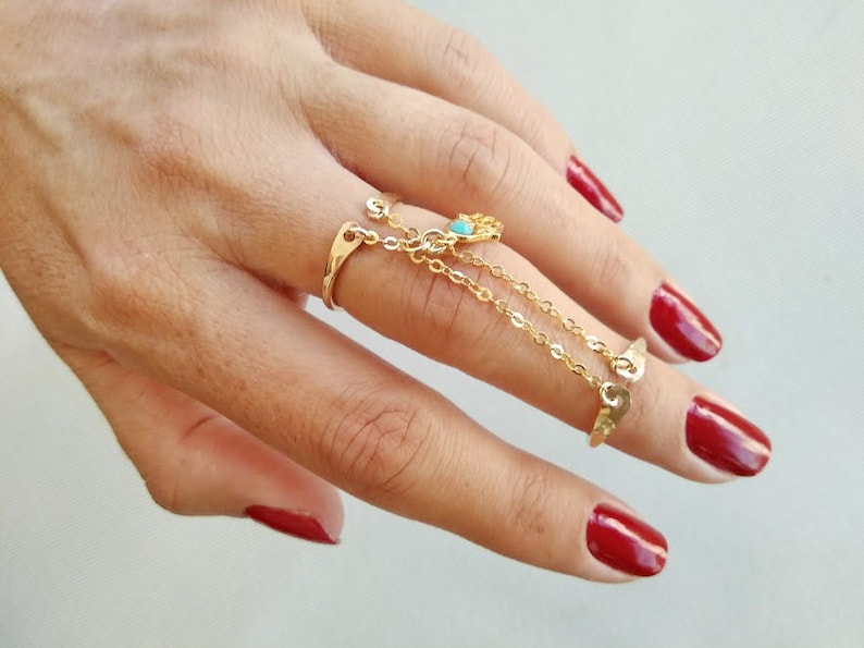 Chain Ring Double Finger Ring Two Rings Dainty Gold Filled Etsy