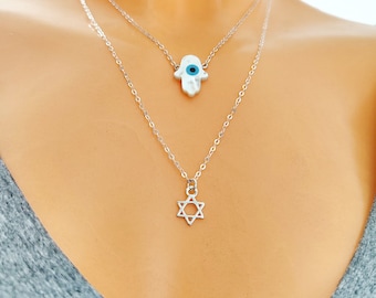Double Strand Necklace, White Mother of Pearl Hamsa Necklace, Star of David Necklace, Layered Necklace, Jewish Symbols Necklaces,