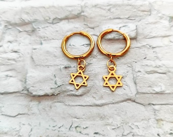 Gold Star of David Hoop Earrings, Stainless Steel Hoop Earrings, Jewish Symbol Earrings, Small Hoop Earrings, Magen David Hoop Earrings,