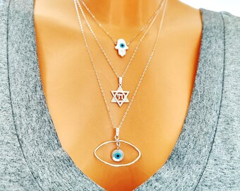 Protection Layered Necklace, Star of David with chai Necklace, White Mother of Pearl Hamsa Necklace, Big Evil Eye Necklace, Israeli Designer