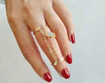 Gold Chain Ring, Double Finger Ring, Two Rings, Stylish Rings, Dainty Gold Filled Ring, Dangle Hamsa Ring, Double Chain Ring,Adjustable Ring