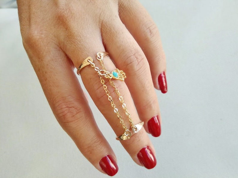 Chain Ring Double Finger Ring Two Rings Dainty Gold Filled Etsy