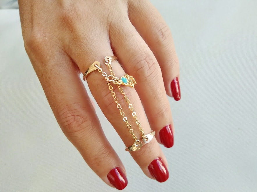 Indian Double Finger ring hand chain gold pakistani bengali diamante uk NEW  | eBay