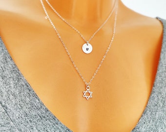 Initial and Star of David Layered Necklace, Star of David Necklace, Initial Necklace, Personalized layered Necklace, Bat Mitzvah Gift,