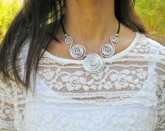 Big Pendant Necklace, Statement Necklace, Wrap Necklace, Wedding Necklace, Silver Spiral Necklace, Fashion Necklace, Boho Necklace,