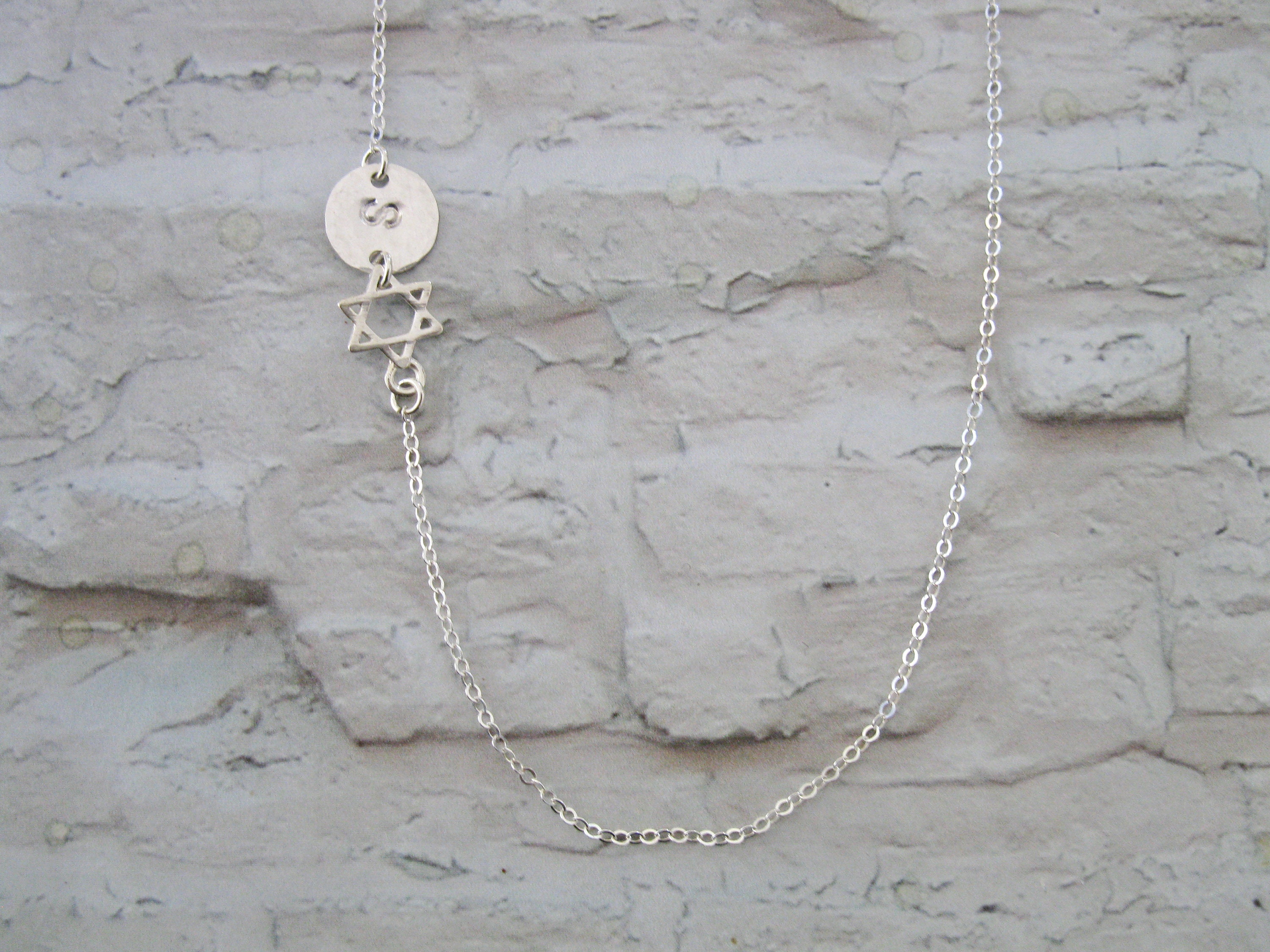 Star of David Necklace with Initial, Jewish jewelry, Sterling Silver Necklace, Sideways Necklace, Israeli Jewelry, Bat Mitzvah gift,