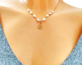 Star of David with Rice Pearl Necklace, Gold Filled Necklace, Little Star of David Necklace, Unique Delicate Necklace, Bat Mitzvah Gift,