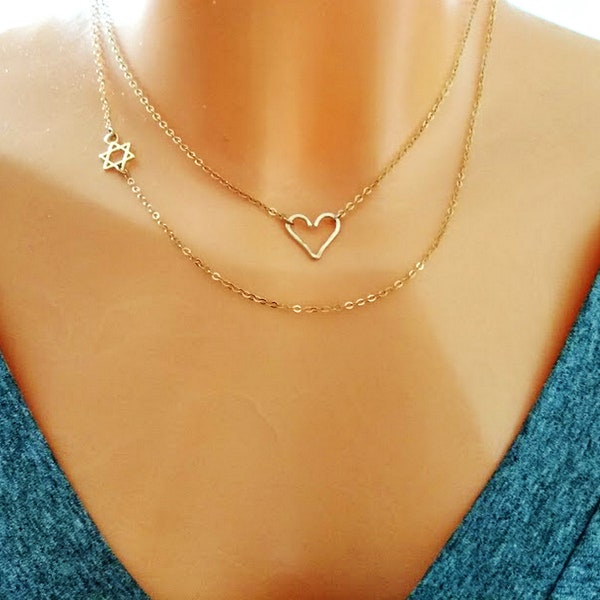 Mother Day Gift, Star of David Necklace, Heart Choker Necklace, Layer Necklace, Choker Set, Gold Filled Necklace Set, Two Tier Necklace,