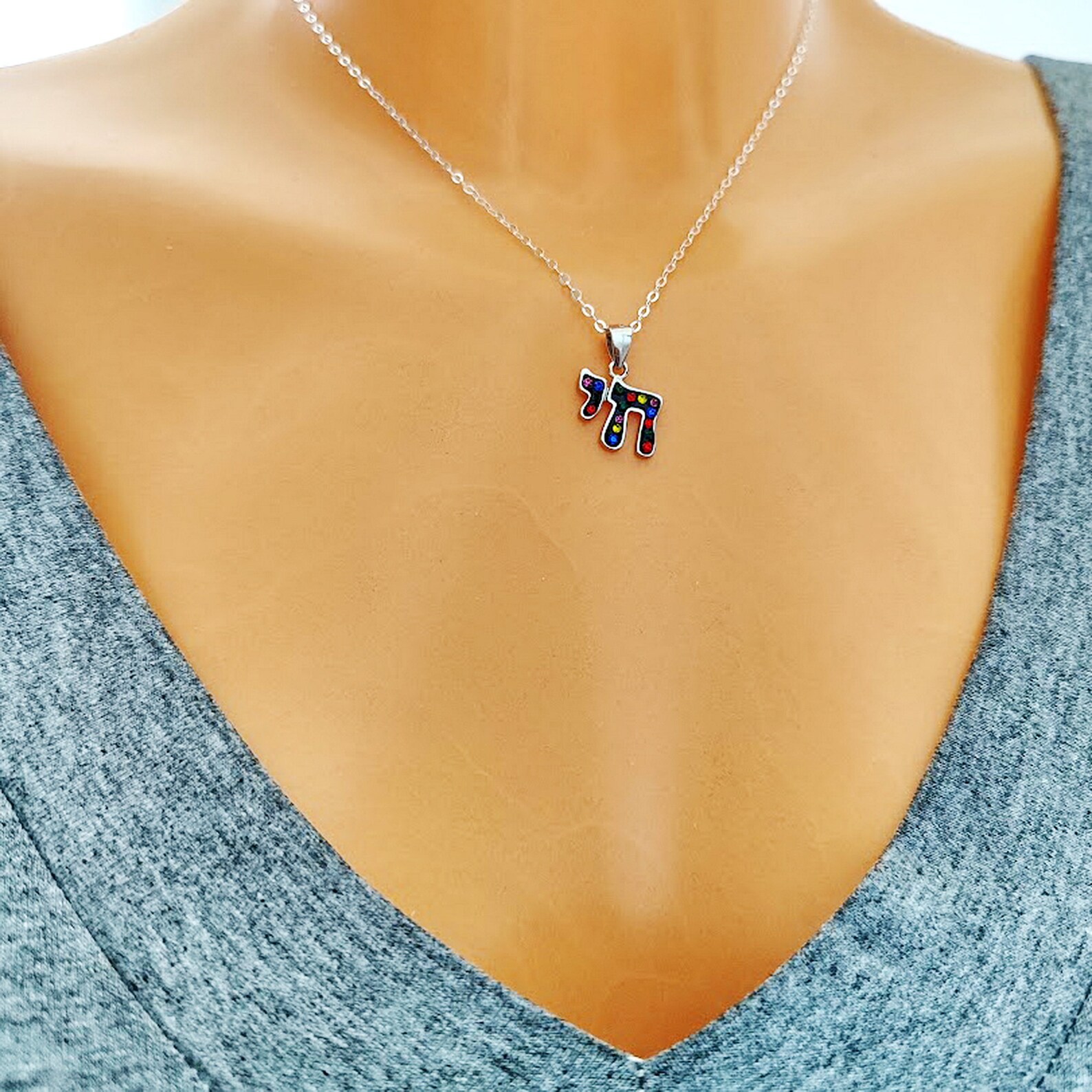 Colored Zircon Chai Pendant, Sterling Silver Necklace, Bat Mitzvah Gift