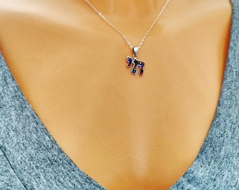 Colored Zircon Chai Necklace, Colored Chai Necklace, Jewish Symbol Necklace, Sterling Silver Necklace, Bat Mitzvah Gift, Bar Mitzvah Gift,