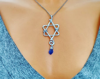 Star of David Pendant Necklace, Birthstone Necklace, Hammered Star of David Pendant Necklace, Aluminum Jewelry, Sapphire Birthstone,