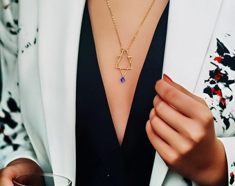 Star of David Ring Holder Necklace, Symbol Jewish, Birthstone Ring Holder Necklace, Magen David & Birthstone Ring Holder Necklace, Unique