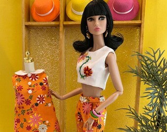 3 piece Retro Garden Groove Orange Ensemble, Mini Shift Dress, Crop Top and pants for Poppy and similar sized dolls