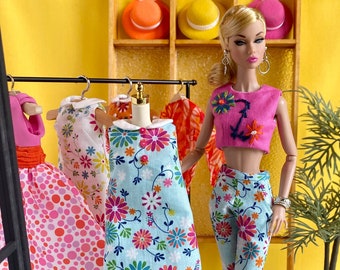 3 piece Retro Garden Groove Aqua Ensemble, Mini Shift Dress, Crop Top and pants for Poppy and similar sized dolls