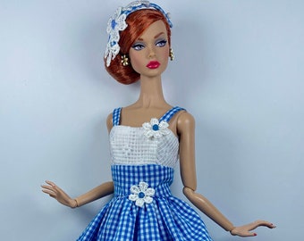 Last One!  Replica Vintage 1950's Gingham dress with applique florals for Poppy Parker, Articulated Silkstone Barbie