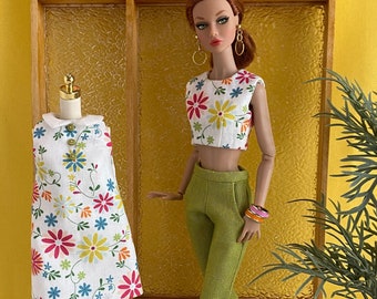 3 piece Retro Garden Groove Green White Ensemble, Mini Shift Dress, Crop Top and pants for Poppy and similar sized dolls