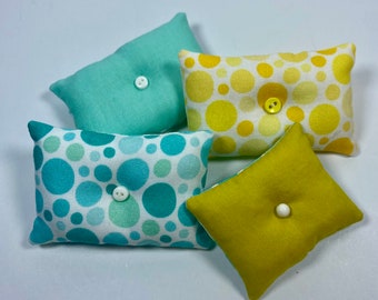 1:6 scale set of 4,  miniature retro MCM pillows, Aqua and Yellow