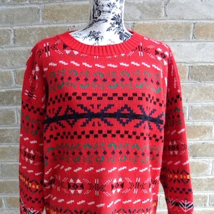 Vintage Red Sweater / Tunic Length S/M Oversized Fit / Cabin Sweater / Holiday Sweater