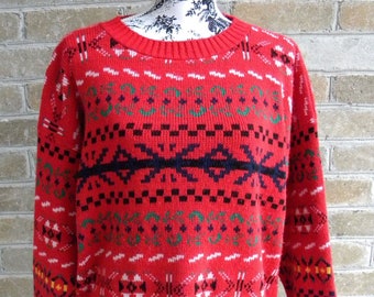 Vintage Red Sweater / Tunic Length S/M Oversized Fit / Cabin Sweater / Holiday Sweater