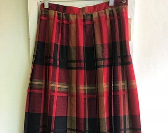 Vintage Pleated Maxi Skirt / Deadstock / Plaid Maxi Skirt / Deep Red Plaid / Mission / Made in USA / S/M