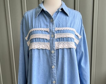 Vintage Oversized Denim Shirt with Lace Details / by Stefano International / Jean Shirt / Long Sleeve Denim / Women's L