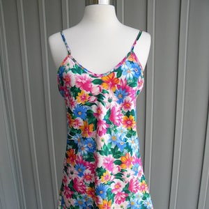 Vintage Slip Style Satin Pink Floral Nightgown / Tank Style Nightgown / Chemise / Negligee / Size Small