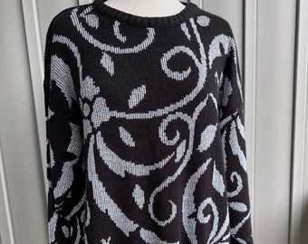Black and Silver Crew Neck Sweater  / Made in USA / by Ellen D Kollection / Holiday Sweater /  Size M