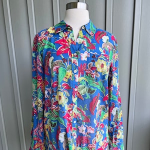 Vintage Sheer Cotton Bright Floral Print Blouse / by Talbots / Blue Red Yellow Green / Bright Floral Print / Size M
