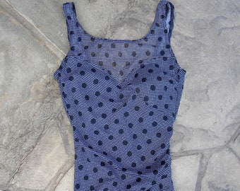 Vintage 90's Baltex One Piece Swimsuit / Navy Blue Dots with Sheer Top / Made in Canada / One Piece Bathing Suit / Size Small